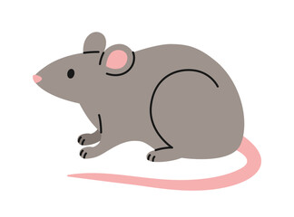 Cute grey rat sitting on white background. Domestic or wild animal in simple style. Adorable isolated pet. Vector flat illustration for pet shop, veterinary clinic