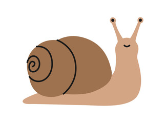 Cute brown smiling snail on white background. Isolated slug with spiral shell. Adorable pet, garden animal in simple style. Domestic or wild mollusk character. Vector flat illustration