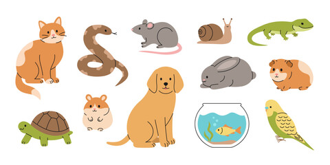 Cute pet set: cat, dog, rabbit, guinea pig, hamster, rat, parrot, fish, snake, turtle, lizard and snail. Cartoon domestic animals collection. Vector flat illustration isolated on white background