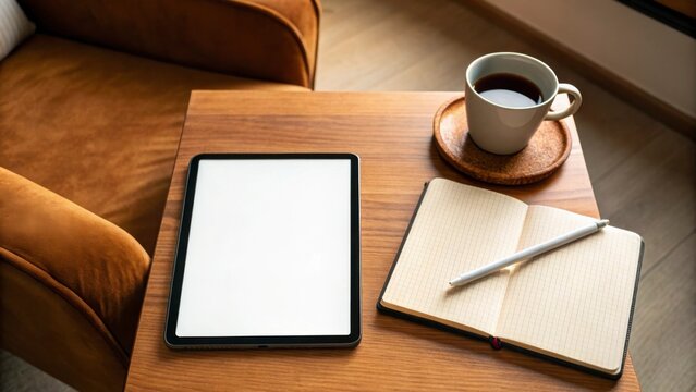 Remote Work Essentials concept Cozy workspace featuring a tablet, notebook, pen, and a cup of coffee on a wooden table. - Powered by Adobe