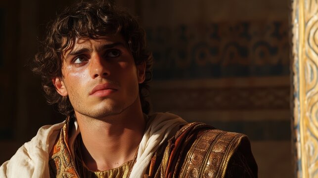 Joseph in Potiphar's grand house, his expression confident and capable, but with shadows of false accusation looming over him, leading to his unjust imprisonment.