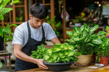 Young man tending plants with shop.