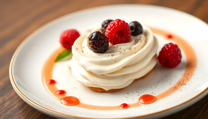 A delicious dessert with berries on a decorative white plate