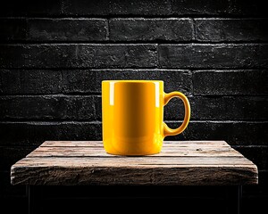 Yellow Mug on Rustic Wood Table.