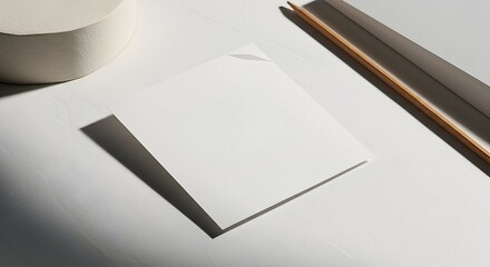 Blank Square Card on White Surface with Cylinder and Frame Still Life