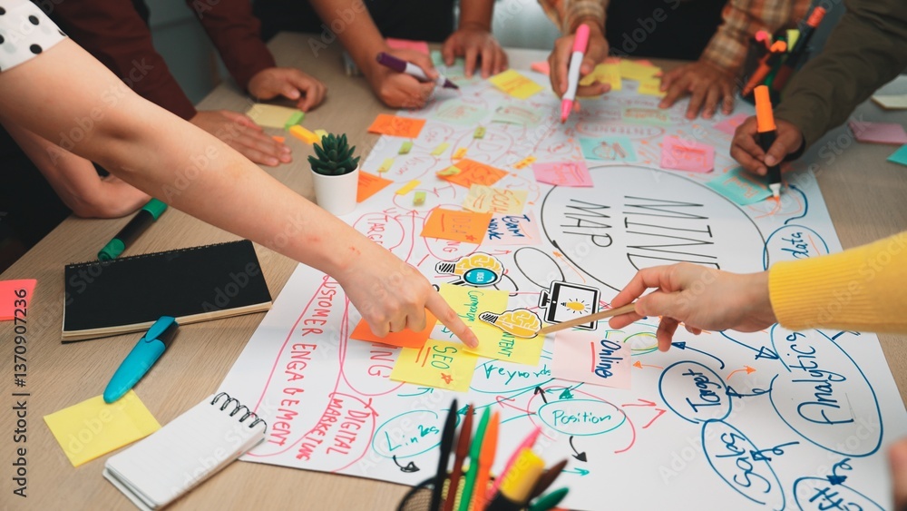 Poster a dynamic scene showcasing a diverse group engaged in a brainstorming session, surrounded by colorfu