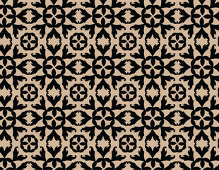 A decorative pattern featuring black and beige flowers intertwined in a harmonious design
