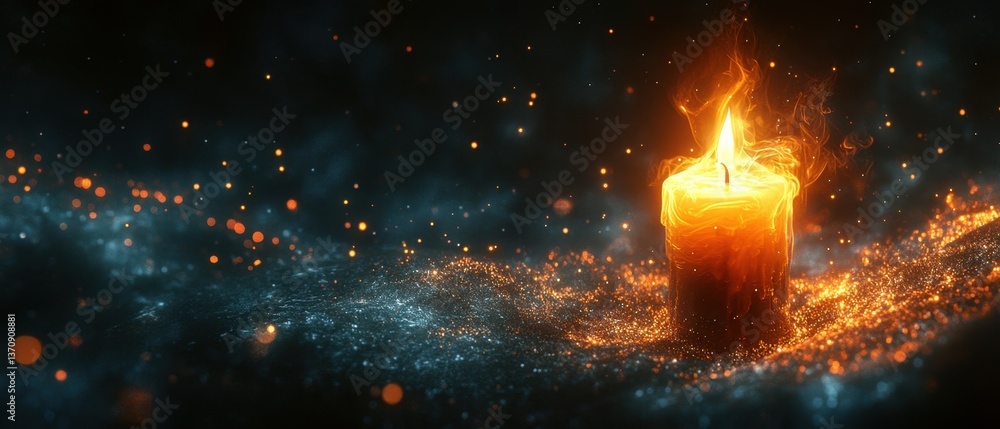 Poster glowing candle flame illuminating dark background with sparkling light emitting warmth and serenity 