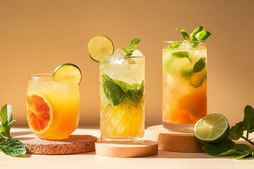 Classic cocktails, lemonade, mai tai, mojito with lime on modern still life with podium on a beige background. for Summer freshness beverage.