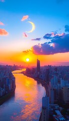 City Sunset Over River