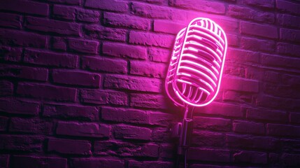 Neon Pink Microphone On Brick Wall, Vibrant Retro Sign Display, Generated AI