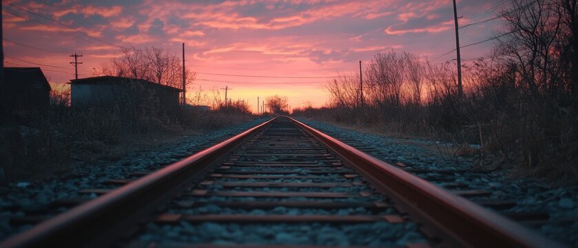 Railroad Tracks Disappearing into the Horizon at Dusk with a Vibrant Pink and Orange Sky Above