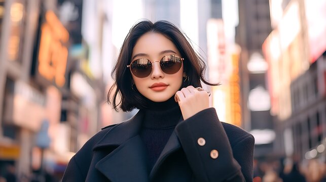 Stylish woman adjusting coat collar, wearing sunglasses in city fashion district, confident modern urban look - Powered by Adobe