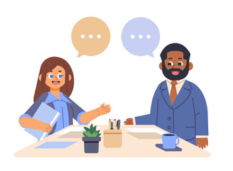 Couple of office workers talking at table on isolated background. Colleagues discuss business issues