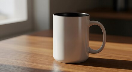Fototapeta premium Coffee Mug on Wood Table in Warm Light for Morning Beverage