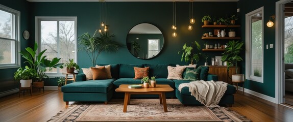 vibrant living room with green couch and cozy ambiance