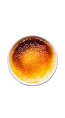 Delicious crème brûlée in a white ceramic dish, showcasing a glossy caramelized top.