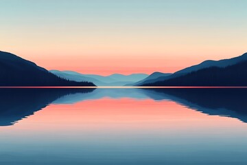 A minimalistic interpretation of a calm lake at sunrise, with soft reflections and a gradient sky, captured in a serene vector design