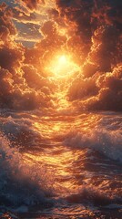 Obraz premium Ocean waves glowing orange under sunset sky high resolution images