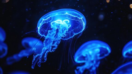 Obraz premium Enchanting Bioluminescent Jellyfish: A Deep Dive into Oceanic Wonders at Night