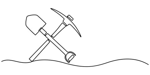 Continuous line drawing art Pickaxe tool Mining Pickaxe concept, Continuous one line drawing pick axe vector illustration, continuous line drawing of crossed shovel and pickaxe.one line drawing of pro
