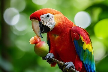 A parrot nibbling on a fresh fruit treat, perched on a branch with vibrant tropical foliage in the background