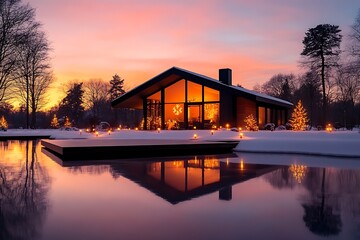Modern house with winter sunset, and reflection.