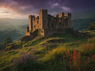 Atop lush hill, majestic, dilapidated castle stands bathed in warm glow of setting sun. Crumbling walls, empty window arches tell story of bygone era. Surrounding castle, vibrant wildflowers.