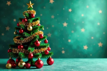 Green Christmas tree with multicolored tinsel and balls, winter decor, multi colored, holiday colors