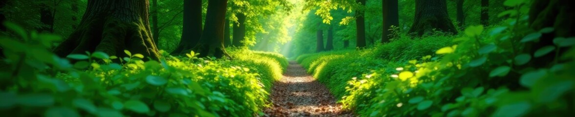 Obraz premium Greenery and leaves enveloping a narrow forest path, scenery, landscape