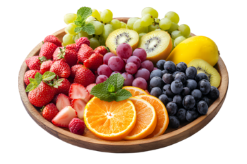 Colorful fruit platter featuring assorted fruits including strawberries and blueberries.