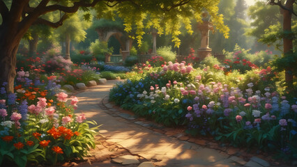 Obraz premium Stone Walkway through Colorful Garden in Full Bloom