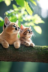 Kittens on Branch, Sunny Forest