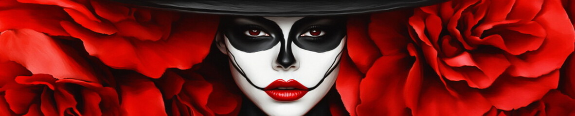 Obraz premium A woman with black and white face paint, red lips, and large flowers on her hat