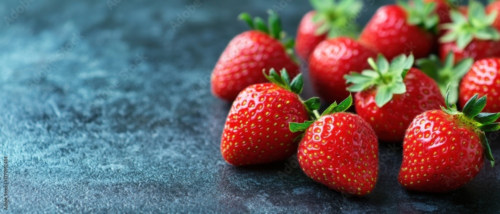 Poster fresh red strawberries on dark textured background with vibrant color and shallow depth of field off