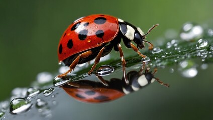 Obraz premium Close-Up of Ladybug on Leaf with Water Droplets and Reflection
