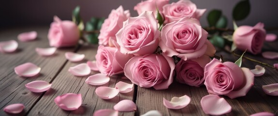 enchanting pink roses on wooden table with scattered petals