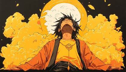 Figure in Orange, Clouds, Sun