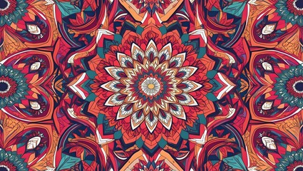 A vibrant mandala design, radiating intricate floral patterns in rich reds, oranges, and teals, showcasing a mesmerizing kaleidoscopic effect with detailed linework.