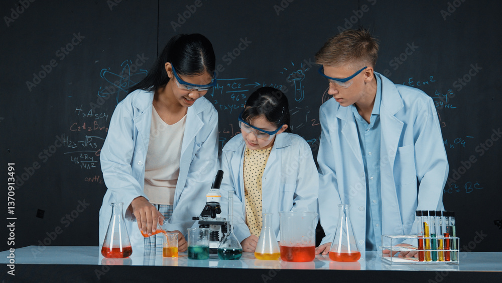 Poster smart girl pour colored solution in to beaker while diverse student excited about doing experiment. 