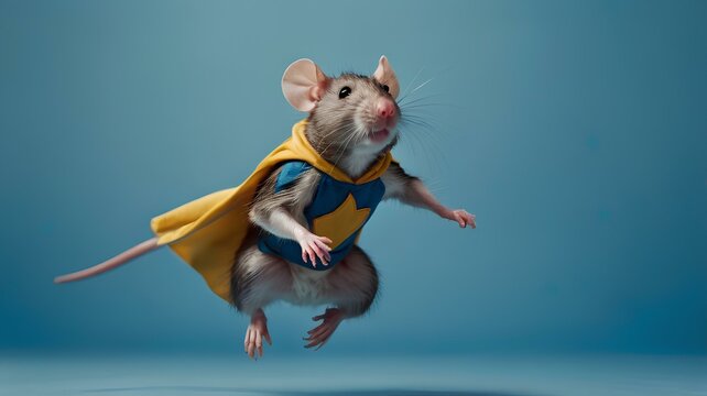 Superhero rat or a mouse in cloak, jumping and flying on light blue background with copy space. The concept of a superhero.	