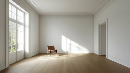 Fototapeta premium Empty Sunlit Room With Beige Chair And Large Windows