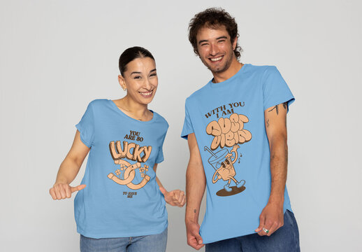 Multiracial Couple in Bright T-Shirts. PSD mockup