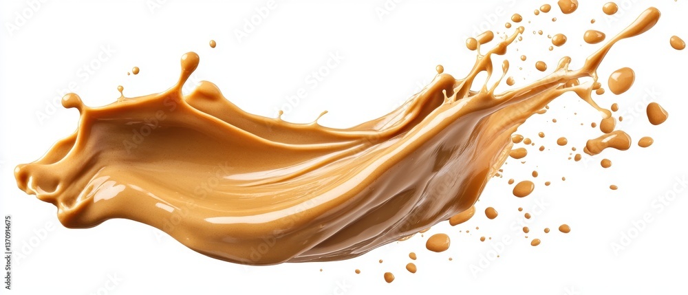 Poster dynamic splash of caramel liquid on white backdrop capturing flowing texture and viscosity in studio