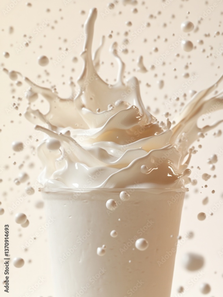Aufkleber creamy milk splash in clear glass on soft beige background creating dynamic movement and visual appe
