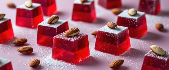 tempting red jelly desserts with nut toppings illustration
