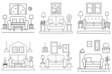 Living Room Outline Coloring Book Page Line Art Drawing Set on White Background