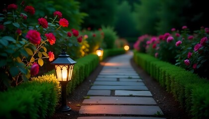 Obraz premium A photograph captures a garden path at night, illuminated by lanterns and lined with hedges and roses
