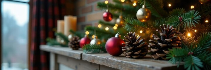 Pinecones and ornaments on a mantel under the Christmas tree, winter, natural