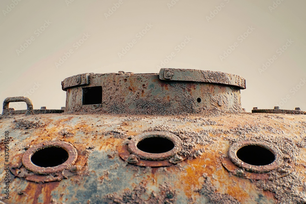Poster close-up shot of a heavily rusted, metallic structure with multiple circular openings and a cylindri